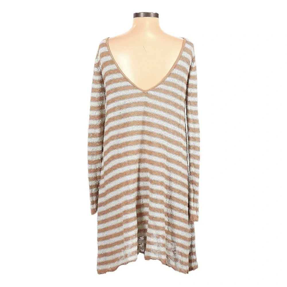 Free People Boucle Knit Flowy Boho Stripe Tan Mint Tunic Sweater Size XS L/S